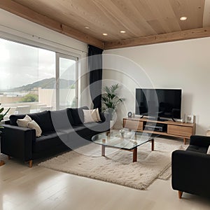 Panorama of elegant designed living room with window wall big television screen and wooden elements