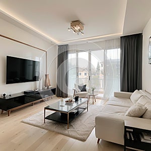 Panorama of elegant designed living room with window wall big television screen and wooden elements