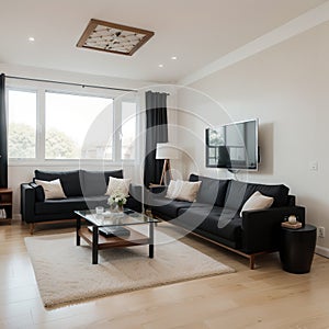 Panorama of elegant designed living room with window wall big television screen and wooden elements