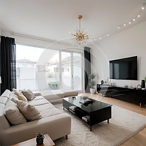 Panorama of elegant designed living room with window wall big television screen and wooden elements