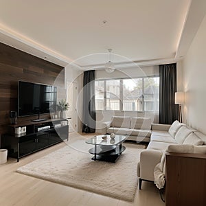 Panorama of elegant designed living room with window wall big television screen and wooden elements