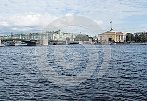 Panorama of the embankment of the river Neva. View of the Admiralty and the Hermitage and Palace bridge in St. Petersburg