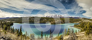 Panorama of Emerald Lake, It is located in the Yukon Territory of Canada