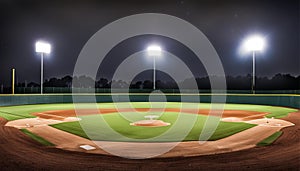 Panorama of empty baseball field at night from behind home pate