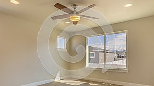 Panorama Empty room of a new house with beige wall paint and carpeted floor