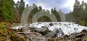 Panorama of Englishman River Falls upper waterfalls in Vancouver