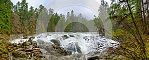 Panorama of Englishman River Falls upper waterfalls in Vancouver