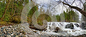 Panorama of Englishman River Falls upper waterfalls in Vancouver