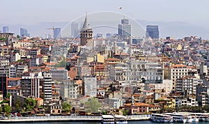 Panorama of the European part of Istanbul with the Karakoy pier and the Galata tower