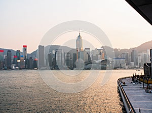 Panorama of the evening city of Hong Kong with skyscrapers.