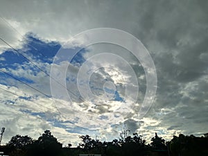 Panorama of Evening Sunset with a perfect blue but cloudy sky.