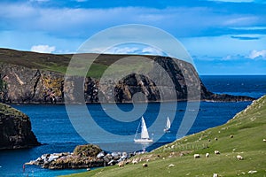 Panorama of Fair Isle in Scotland at the sunny day