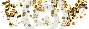 Panorama of falling gold coins money isolated on the white background, business wealth concept. photo