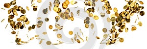 Panorama of falling gold coins money isolated on the white background, business wealth concept.