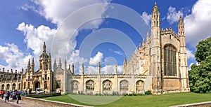 Panorama of the famous King`s college university of Cambridge and chapel in Cambridge UK