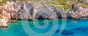 Panorama of famous porto limnionas beach in Zakynthos island in Greece.