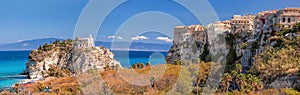 Panorama of Santa Maria dell`Isola Church with Tropea town in Calabria, Italy photo