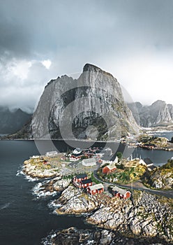 Panorama of famous tourist attraction Hamnoy fishing village on Lofoten Islands near Reine, Norway with red rorbu houses