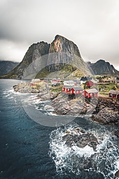 Panorama of famous tourist attraction Hamnoy fishing village on Lofoten Islands near Reine, Norway with red rorbu houses