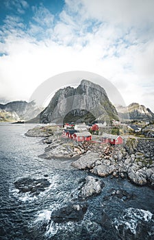 Panorama of famous tourist attraction Hamnoy fishing village on Lofoten Islands near Reine, Norway with red rorbu houses