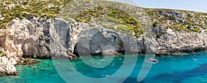 Panorama of famous touristic destination porto limnionas beach in Zakynthos island in Greece.