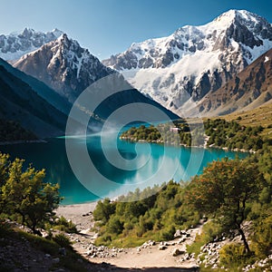 Panorama of Fann mountains in Tajikistan. Mountain landscape of wild lake. Hiking paths. Summer day in mountains made