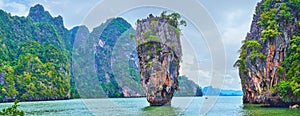 Panorama with finger-like karst Ko Ta Pu rock, Phang Nga Bay, Thailand