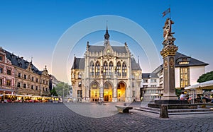 Panorama of Fischmarkt square with historic Town Hall in Erfurt