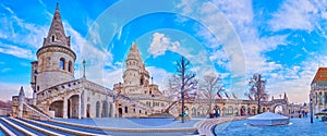 Panorama of Fisherman\'s Bastion from Holy Trinity Square, Budapest, Hungary