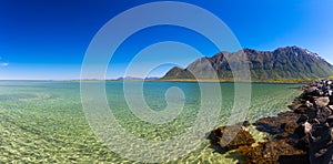 Panorama Of Fjord - Lake And Mountain With Snow on the Lofoten Islands, Norway