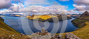 Panorama of fjords near the village of Funningur in Faroe Islands, Denmark