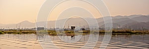 Panorama of floating gardens on Inle lake at sunset in Burma Myanmar