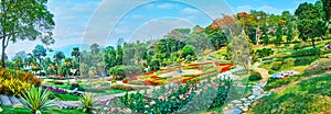 Panorama with flower beds of Mae Fah Luang garden, Doi Tung, Thailand