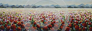 Panorama flowers painting meadows filled with red wildflower poppies in the mountains