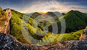 Panorama of forest and mountain in Carpathian with sun, Slovakia