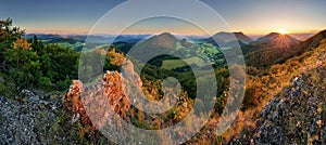 Panorama of forest mountain landscape at sunset