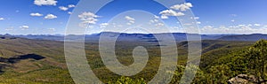 Panorama of forest and mountains of Grampians National Park.