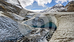 Panorama format photo of the graphic details, textures and ice formations of the Athabasca Glacier