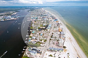 Panorama of Fort Myers Beach FL. Florida after hurricane. Beach and houses, hotels totally destroyed.
