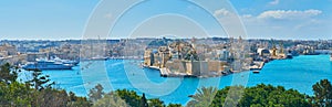 Panorama of fortified cities in Valletta Grand Harbour, Malta