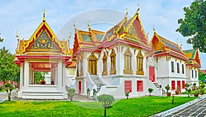 Panorama of Four Princess Pavilion of Wat Benchamabophit Dusitvanaram Marble Temple, Bangkok, Thailand