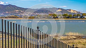 Panorama frame Black metal fence with a lake and grassy shore in the background