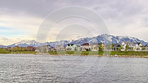 Panorama frame Daybreak over Oqirrh lake in Utah on a cloudy day