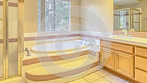 Panorama frame Vanity and built in bathtub of a bathroom with view of trees through the window