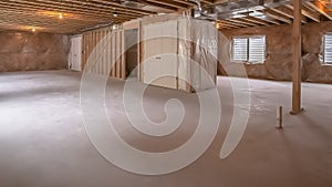 Panorama frame View of the interior wood framing beams of a new home under construction