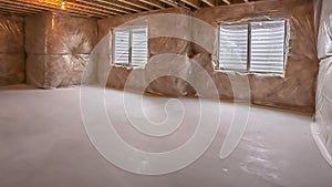 Panorama frame Windows and air conditioning ducts inside a new home under construction