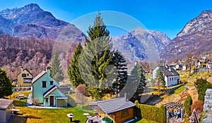 Panorama of Frasco and Alpine nature of Valle Verzasca, Switzerland