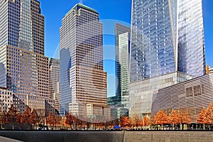 Panorama of the Freedom Tower and reflecting pools, New York