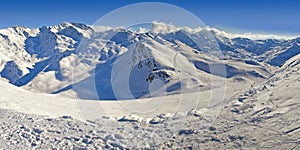 Panorama of the French Alps mountain in winter, with snow