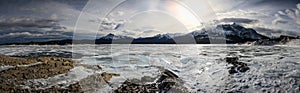 Panorama on frosty and icy Lake Abraham, Clearwater County, Alberta, Canada